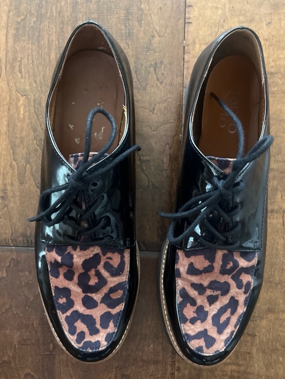 Franco Sarto Charles faux patent leather and leopard print lace-up oxfords